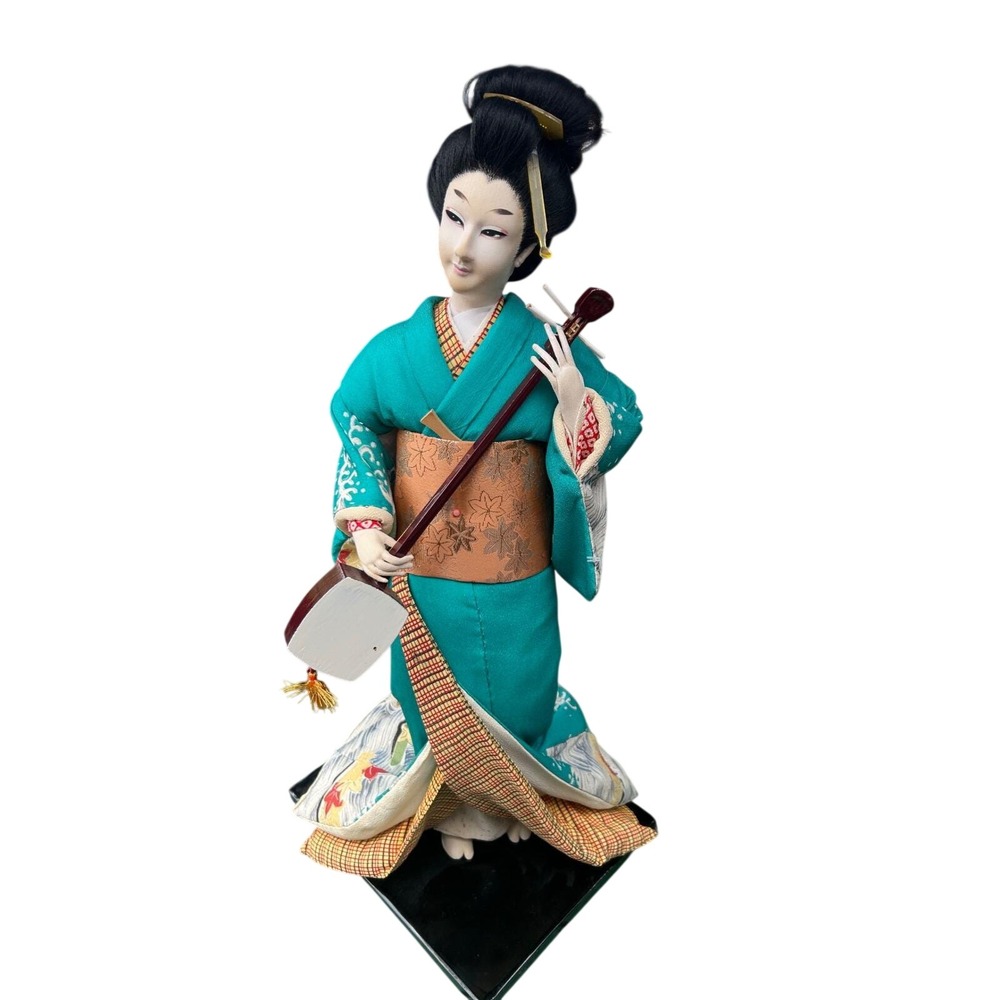 Vintage Japanese Geisha Doll Teal Kimono‎ Shamisen Player Black Base Excellent
